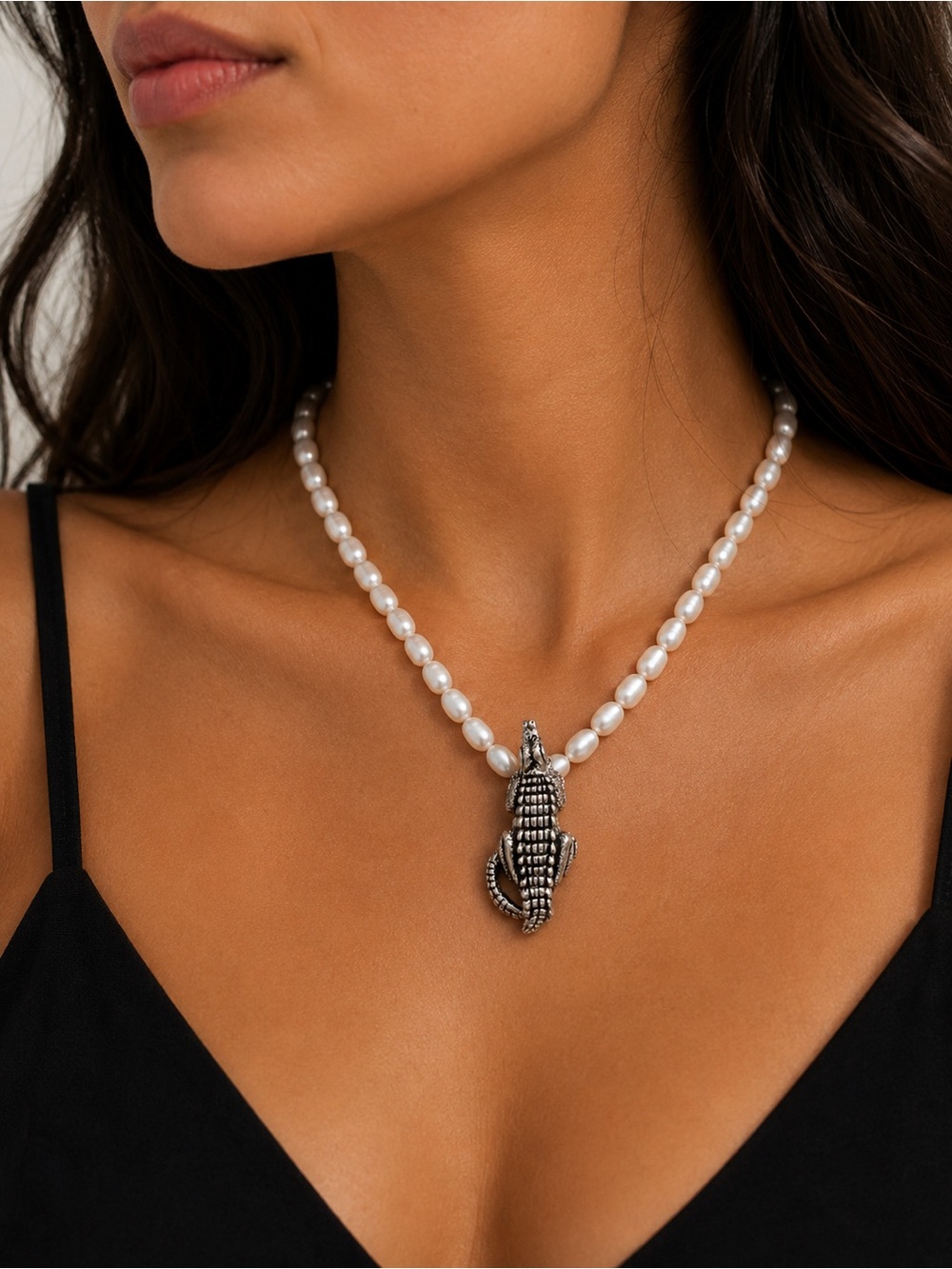 Pearl Beaded Necklace with Gold Sterling Silver Alligator Pendant